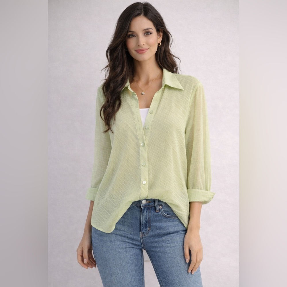 Dressbarn‎ Lime Green Sheer Textured Grid Button Up Blouse Top 3/4 Sleeve